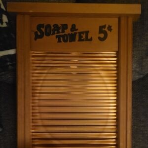 Vintage wood and Copper hanging rack with small boxed shelf. Item under 10lbs